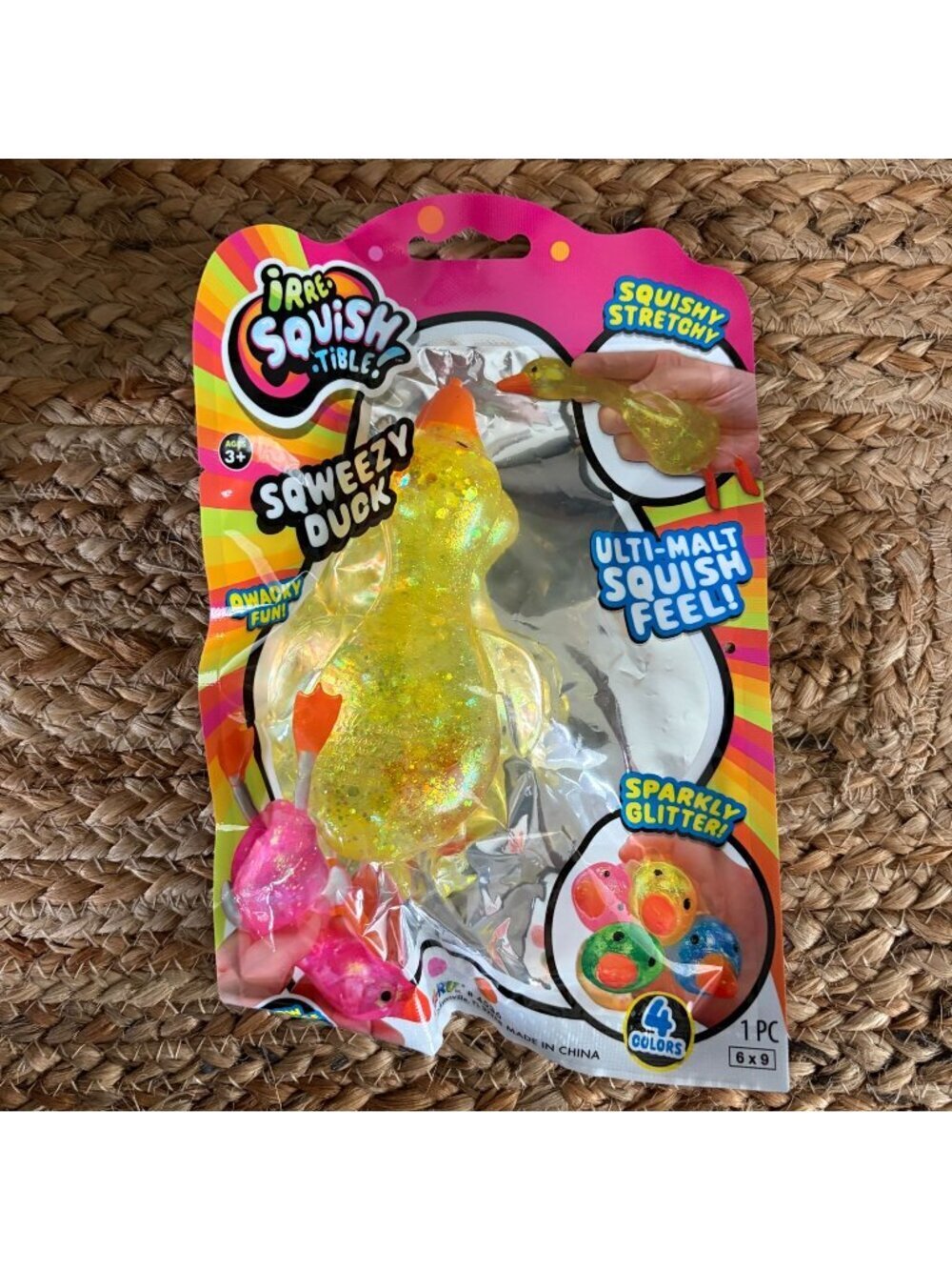 JA-RU Irre-Squish-Tible Squeezy Duck Yellow Glitter New In Package